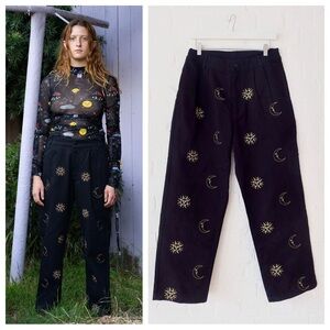 Lazy Oaf x Laura Callaghan Metallic Symbols Embroidered Moon Sun Celestial Pants
